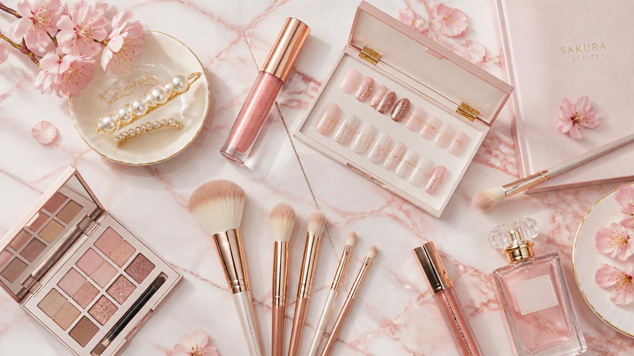 Beauty flat lay with nail palettes, makeup brushes, and cherry blossoms